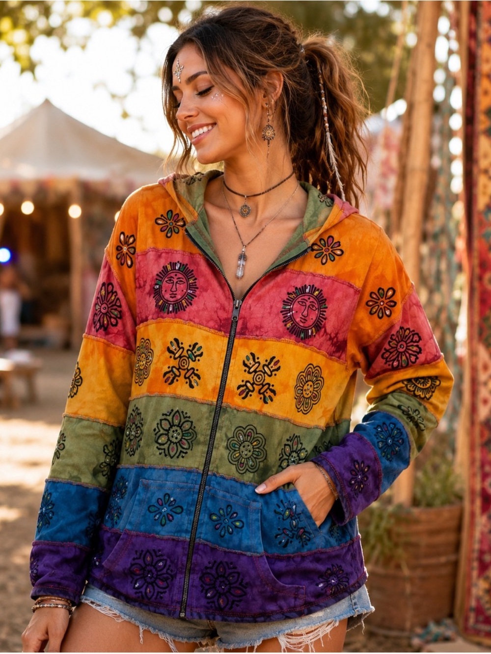 Rising International Vintage Boho Rainbow Textile  Hippie Zip Hoodie. Size XL